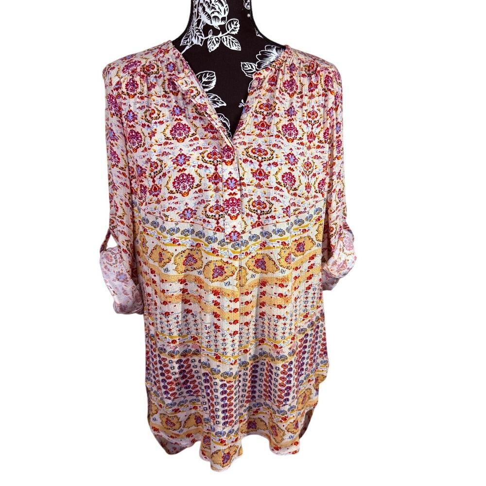 NIne West Jeans Floral Print Boho Tunic Top 3/4 Sleeve Size XL